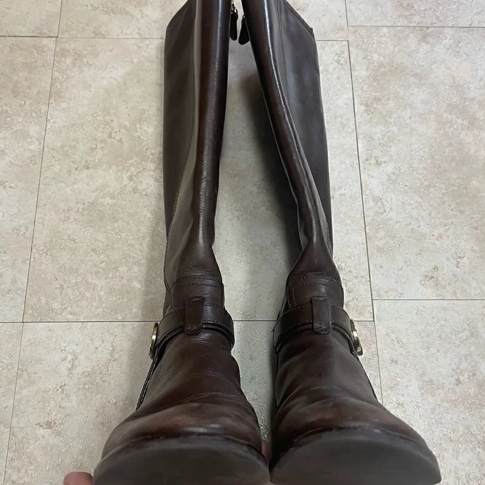 Tory Burch- Brown Bristol Leather Riding Boot with Gold Hardware, Sz 6.5